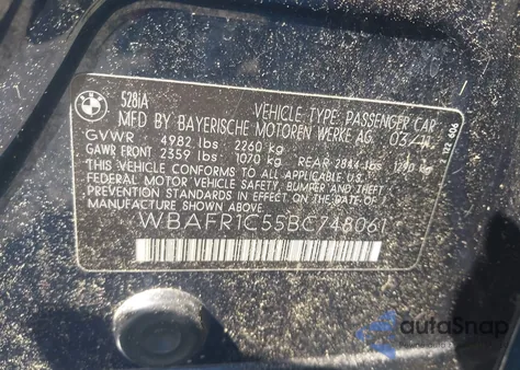 2011 BMW 528I from USA, damaged, VIN WBAFR1C55BC748061